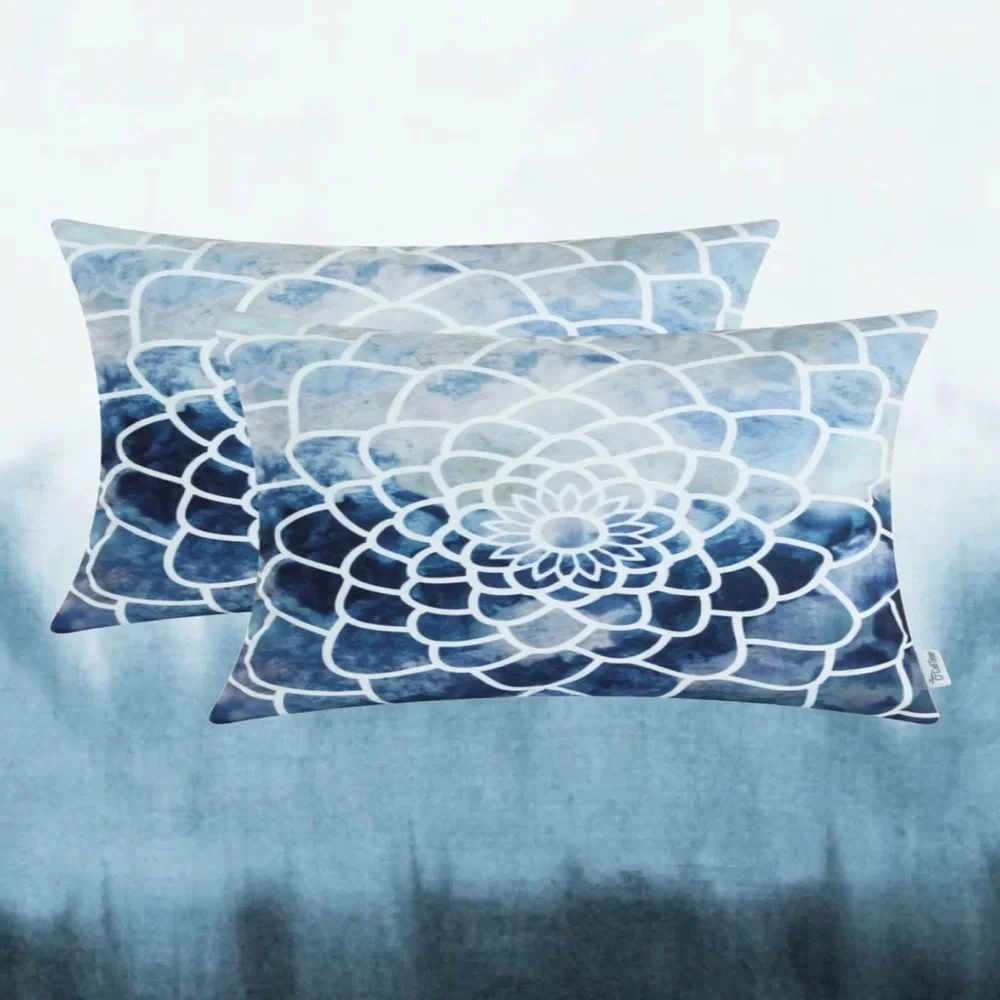 Luxury Home | Coastal Blue Watercolor Ombre Dahlia Print Lumbar Pillow Covers